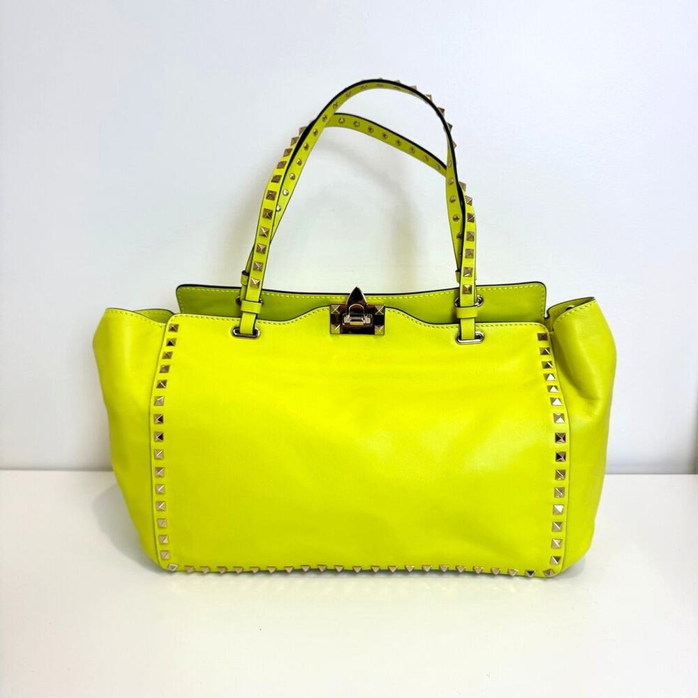 VALENTINO Garavani Gold Rockstud Vibrant Yellow Leather Tote Bag NEW Handbag